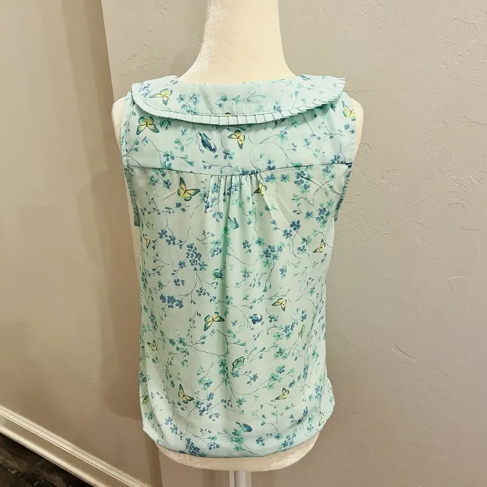 Lauren Conrad sleeveless Ruffled Collared Top Size S Light Green Floral Blouse - Picture 3 of 4